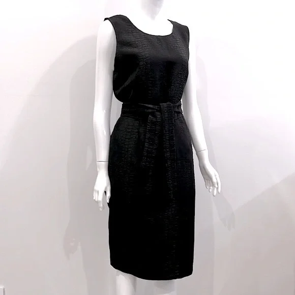 BASQUE Solid Jacquard, Black Pencil Dress. Office Wear, Midi, Tie Waistband. - Picture 4 of 7